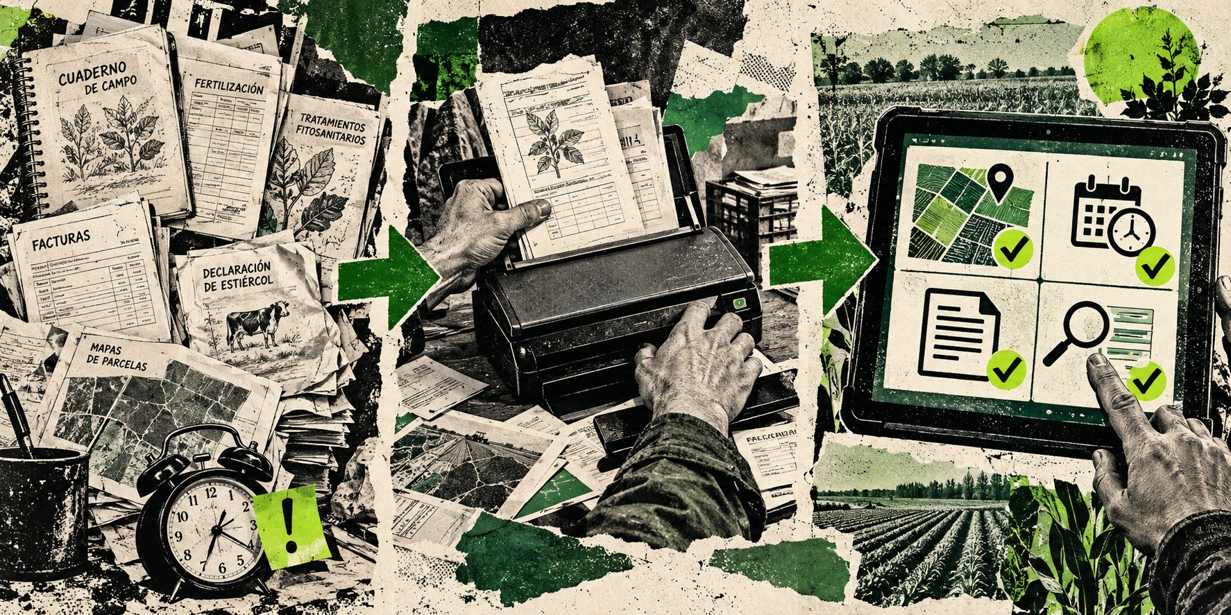 Gráfico del proceso de ordenar, digitalizar y controlar cuadernos, facturas, declaraciones y mapas de una explotación