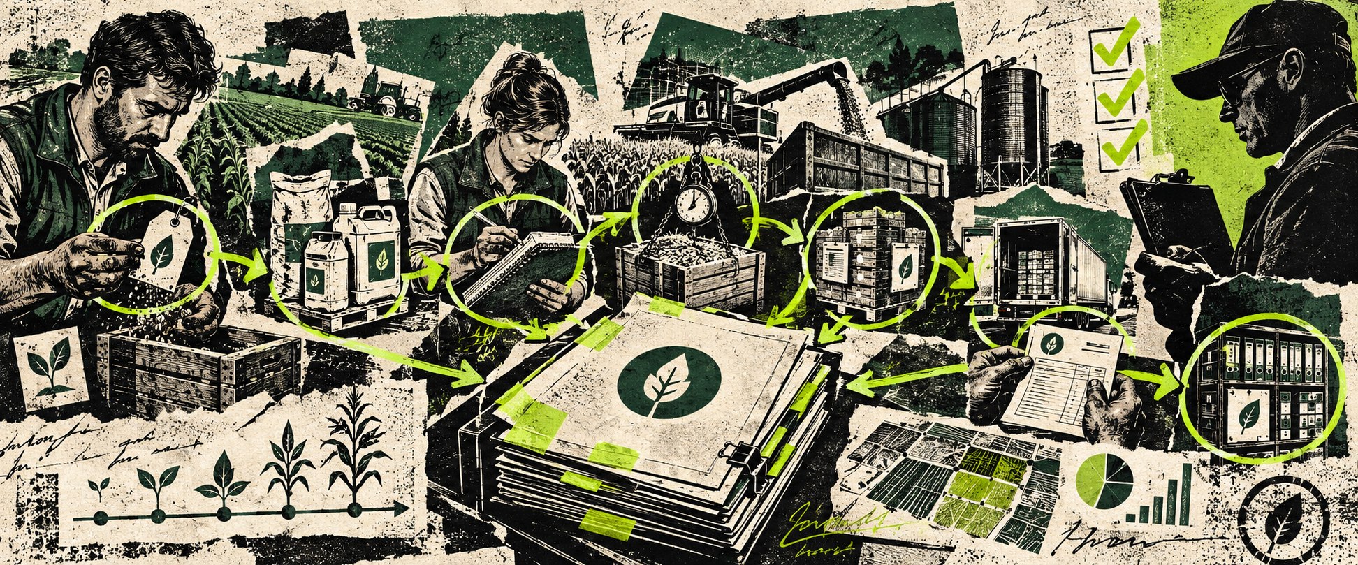 Gráfico editorial sobre la trazabilidad de la producción ecológica desde semillas e insumos hasta cosecha, ventas y control